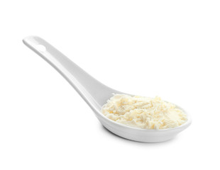 Spoon with tasty cream cheese on white background