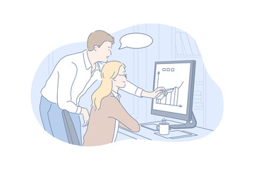 Business, communication, teamwork, speech bubble concept. Young focused man and woman do good teamwork. Communication in speech bubble. Two managers are working on business project. Simple flat vector