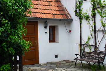Close-up of green vegetation with a cozy small rural white house with a wooden front door at the background and a bench on the right