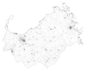Satellite map of Province of Sassari towns and roads, buildings and connecting roads of surrounding areas. Sardinia region, Italy. Sardegna. Map roads, ring roads