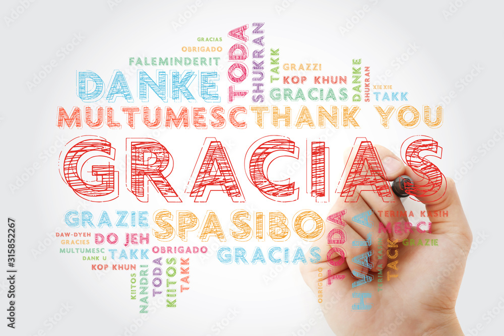 Poster gracias (thank you in spanish) word cloud in different languages with marker - Posters