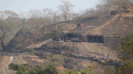 Mumbai, Maharastra/India- January 14 2019: The Kanheri Caves are a group of caves and rock-cut monuments cut into a massive basalt outcrop in the forests of the Sanjay Gandhi National Park.