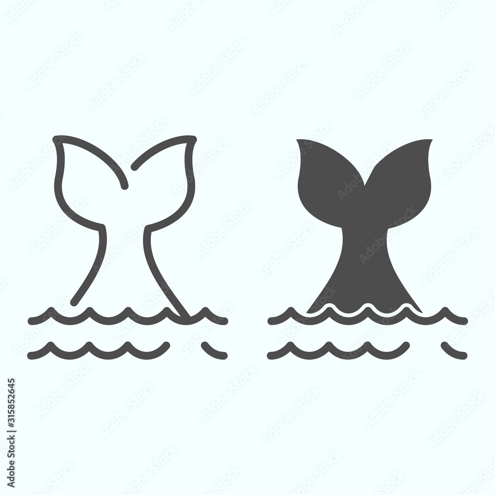 Poster fishtail line and solid icon. whale tale in ocean waves illustration isolated on white. tail of larg