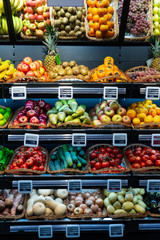 Fototapeta na wymiar Fruits and vegetables on shelves in supermarket