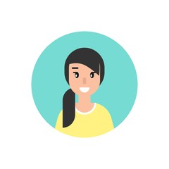 girl with smile avatar. cute happy woman face flat icon in blue circle isolated on white.