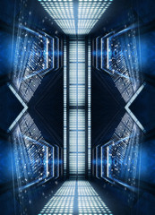 Background of empty show scene. Empty dark modern abstract neon background. Glow of neon lights on an empty stage, diodes, rays and lines. Lights of the night city.