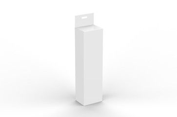 White blank paper box packaging with hang tab, mockup template on isolated white background, 3d illustration