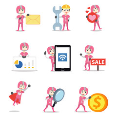 Set of character woman as a American football player in professional league.