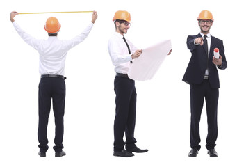 in full growth .successful architect engineer in orange helmet.