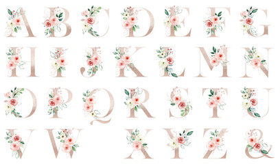 Letters set, gold floral alphabet with watercolor flowers peach roses and leaf. Monogram initials perfectly for wedding invitation, greeting card, logo, poster. Holiday decoration hand painting. - obrazy, fototapety, plakaty
