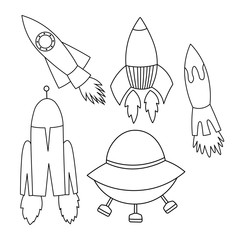 Set of coloring Pages. Coloring Book for kids. Colouring pictures with cartoon rockets. Vector stock illustration for cards, wallpaper, textile, fabric, kindergarten.
