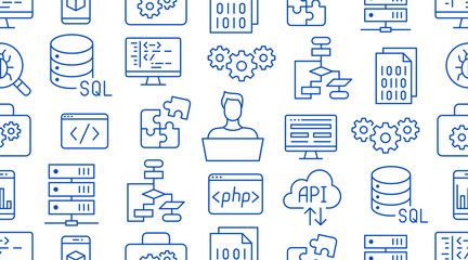 Software development seamless pattern with flat line icons. Programming language background, application, api, computer program develop vector illustration. Outline wallpaper for website design