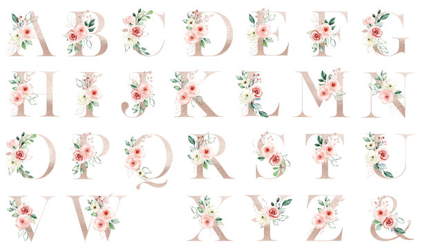 Letters set, gold floral alphabet with watercolor flowers peach roses and leaf. Monogram initials perfectly for wedding invitation, greeting card, logo, poster. Holiday decoration hand painting.