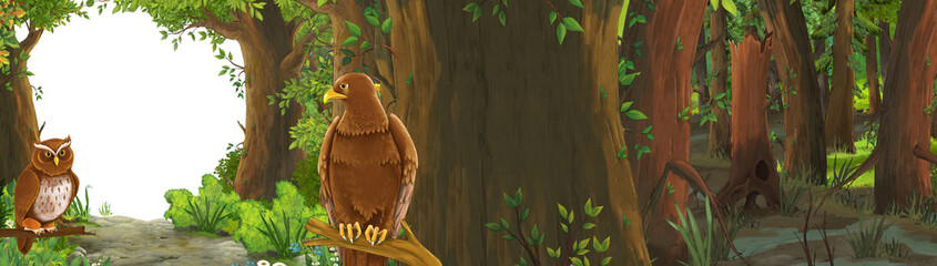 funny cartoon scene with eagle bird in the forest with hidden entrance illustration for children