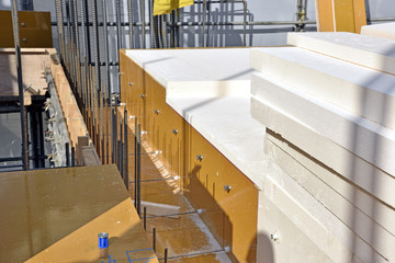 Formwork construction: Formwork with heat insulation (rigid urethane foam) before casting concrete - obrazy, fototapety, plakaty
