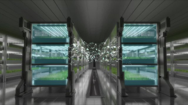 Artificial Intelligence controlled automatic plant growth factory, AI robot cultivates a plant with typo 'WIRELESS TECHNOLOGY' UI, 4k animation.