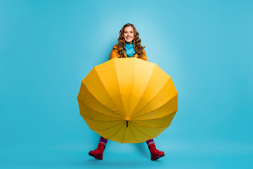 I don't need it. Full length photo of pretty lady hold umbrella enjoy spring sunny day street wear...