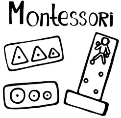 Montessori vector inscription. educational games Montessori. linear illustration developmental technique. doodle set of educational games. blank for the club poster banner advertising packaging
