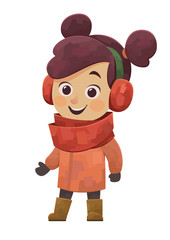 Cute little girl in winter clothes in cartoon style