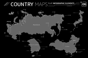 Russia, Japan, China and South Korea Vector Maps
