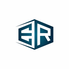 ER monogram logo with hexagon shape and negative space style ribbon design template