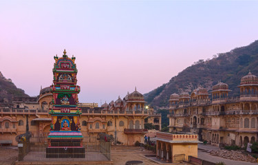Galta ji or Monkey Temple in Jaipur. Ancient hindu Temple in Jauipir, India. Architecture of India