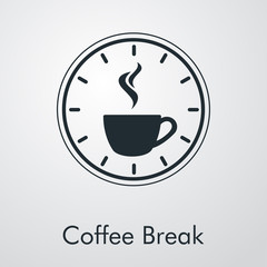 Logotipo Coffee Break. Icono plano taza de café con humo con reloj en fondo gris