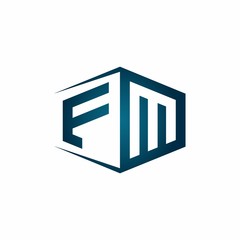 FM monogram logo with hexagon shape and negative space style ribbon design template