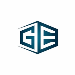 GE monogram logo with hexagon shape and negative space style ribbon design template