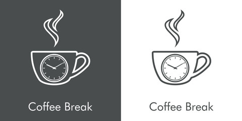 Logotipo Coffee Break. Icono plano lineal taza de café con humo con reloj en fondo gris y fondo blanco