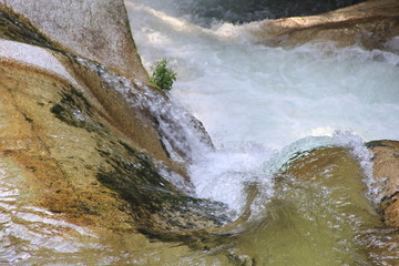 滑らかな岩肌を勢いよく流れる水