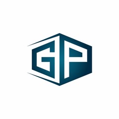 GP monogram logo with hexagon shape and negative space style ribbon design template