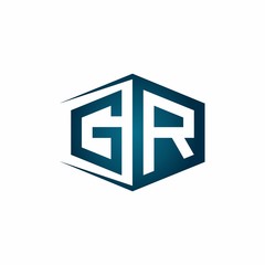 GR monogram logo with hexagon shape and negative space style ribbon design template