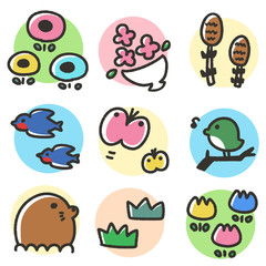 手描きでかわいい　春のアイコンセット　背景つき