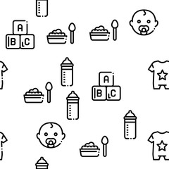 Baby Clothes And Tools Seamless Pattern Vector Thin Line. Illustrations