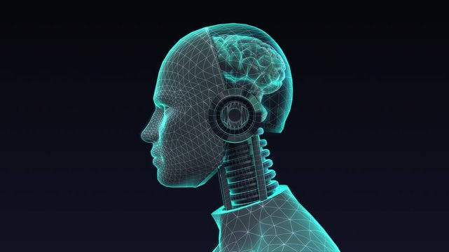 Humanoid robot with an Artificial Intelligence brain, X-ray image, 4k animation.