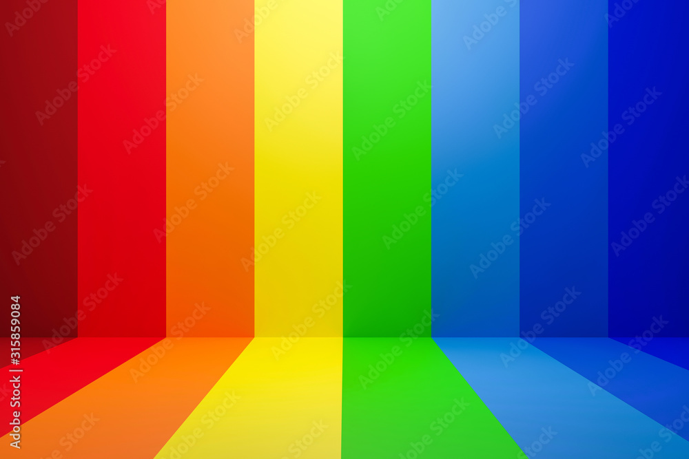 Poster Abstract rainbow gradient multi colors of scene background with perspective room. Summer multi colors pattern backdrops. 3D rendering.