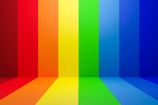 Abstract rainbow gradient multi colors of scene background with perspective room. Summer multi colors pattern backdrops. 3D rendering.