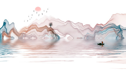 Hand-painted lines, abstract ink landscape decorations, art poster background