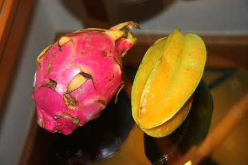 Exotic fruits. China. Hong Kong. Dragon fruit. Carambola. Fresh fruits.