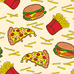 Pizza slices, burgers, french fries seamless pattern. Vector wallpaper. Fast food background. 