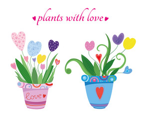 Vector Love heats. Love plants in a home pot. Valentine's Day Gift. Home plants grown in love.