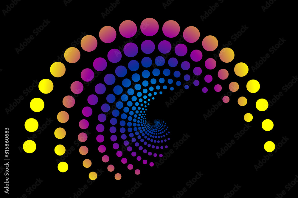 Poster abstract spiral pattern made of colored dots.