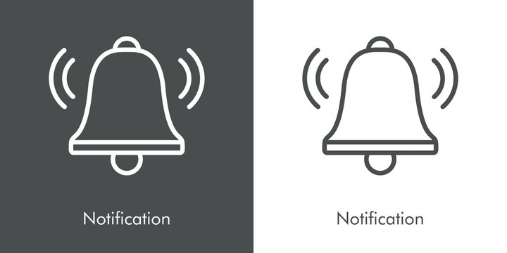 Campana de notificación con ondas. Icono plano lineal en fondo gris y fondo blanco