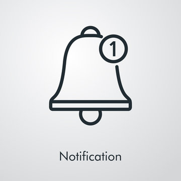 Campana de notificaci&oacute;n con n&uacute;mero 1 en c&iacute;rculo. Icono plano lineal en fondo gris