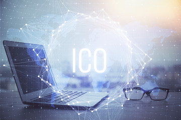 Double exposure of blockchain theme hologram and table with computer background. Concept of bitcoin...