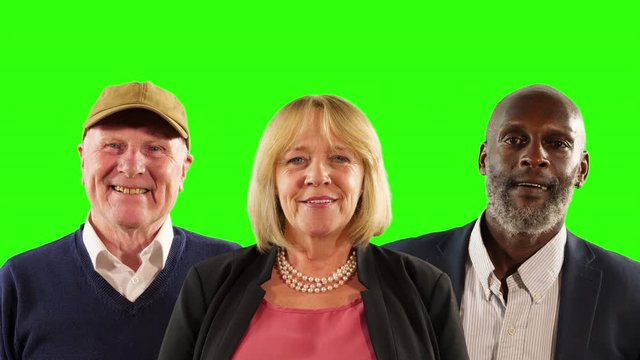 4K: Portraits of Three Diverse Senior Mature People Looking at Camera on Green Screen - Stock 4K Video Clip Footage