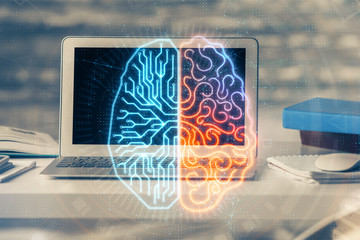 Multi exposure of work table with computer and brain hologram. Brainstorm concept.