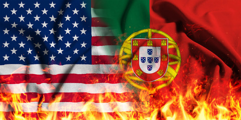 National flag of the United States with Portugal on a waving cotton with a fire texture 