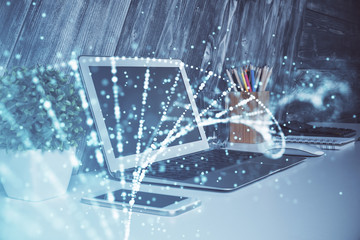 Desktop computer background and DNA drawing. Double exposure. Science concept.